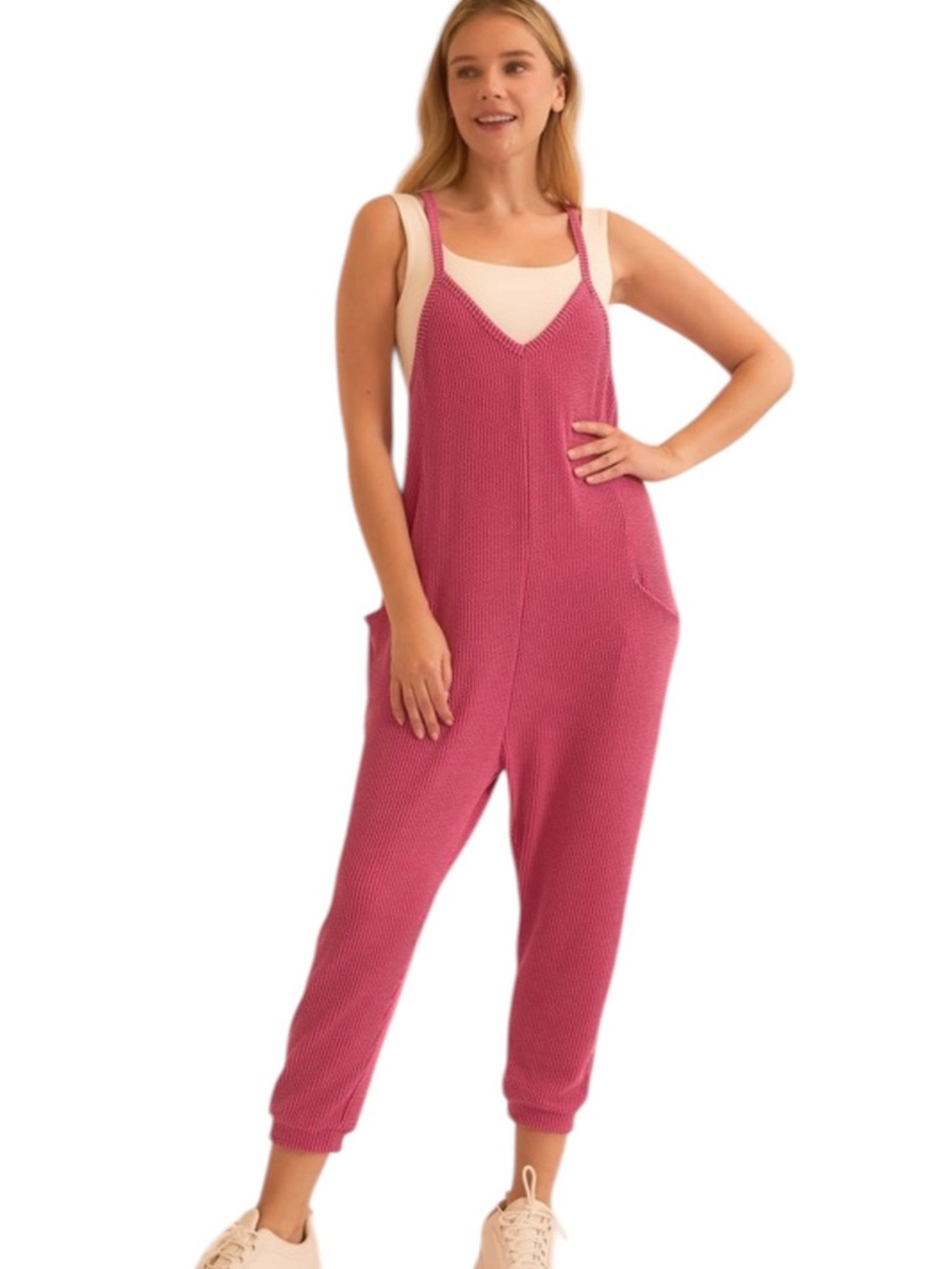 Sleeveless Knit Romper Jumpsuit in Raspberry Pink